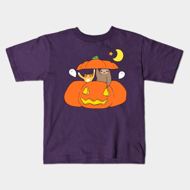 Tabby Cat Sloth and Pumpkin Kids T-Shirt by saradaboru